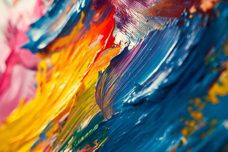 Vibrant and expressive abstract art background created with thick oil paint in bright colors. Closeup of colorful brushstrokes, perfect for adding creativity and a pop of color to any space.の素材
