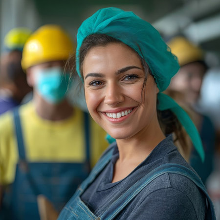 A young woman in blue work clothes and a hairnet smiles while working in a bright modern factory, with colleagues in the background. She is happy to be part of the team.の素材