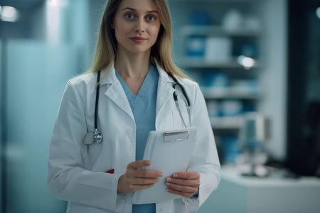A confident female doctor in a white coat and stethoscope stands in a modern hospital, ready to provide medical care with a friendly smile. The well-lit image has a warm atmosphere.の素材