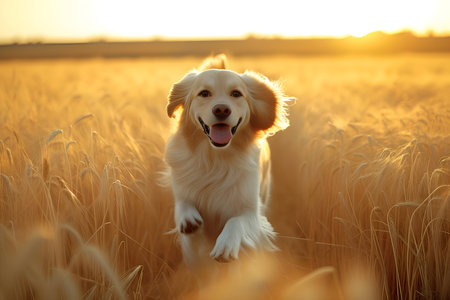 A golden retriever leaps through a field of golden wheat at sunset, its fur glistening in the warm glow. Perfect for advertising or as a stock photo, evoking joy and freedom.の素材