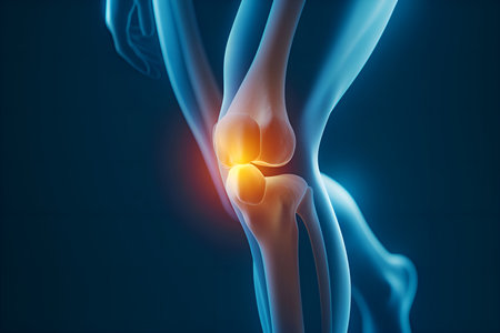 This 3D illustration shows a human knee joint with highlighted ligaments and tendons in motion blur. The image is isolated on a blue background, suitable for medical and science concepts.の素材