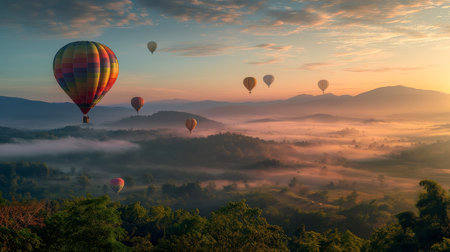 A mesmerizing landscape photograph capturing hot air balloons gracefully soaring over majestic mountains at sunrise, creating a stunning contrast against serene greenery and blue sky.の素材