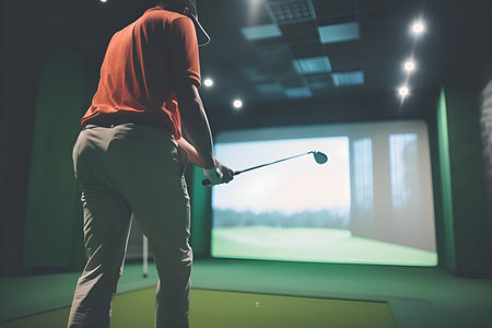 A man plays golf on a simulator, taking a swing at the ball. The room has a projector and screen. He wears red shirt and khaki pants, using a club to hit the ball, flying towards the screen.の素材