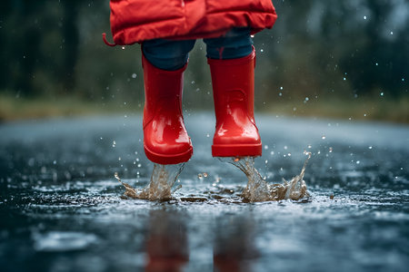 A cheerful young boy, dressed in a bright red jacket and rubber boots, gleefully jumps and splashes in muddy puddles on a rainy day, reveling in the simple joy of outdoor playtime during a downpour.の素材
