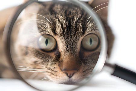 Curious tabby cat with green eyes staring through a black-handled magnifying glass against a white background. The cat has brown and black fur, and the image shows a playful and inquisitive attitude.の素材