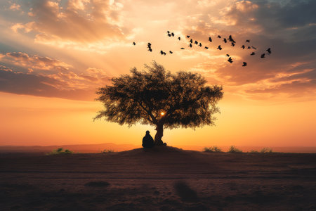 A lone tree stands in the middle of a desert at sunset. Birds are flying overhead. The sky is a bright orange, and the sand is a deep gold. The tree is silhouetted against the sky.の素材