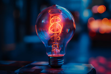 Spiral filament light bulb emitting a glowing light in the dark, isolated on black background. Perfect for use in creative projects, with beautiful bokeh lights creating a captivating visual effect.の素材