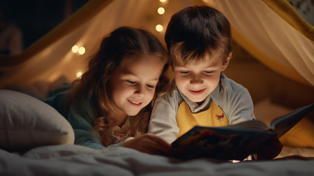 A young boy and girl are immersed in a book as they sit together in a homemade blanket fort. Their faces are filled with joy and excitement while surrounded by the warm glow of fairy lights.の素材