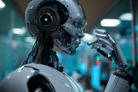 Humanoid robot gorgeous full in trendy style on light background. Realistic people characterの素材