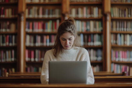 University library beautiful smart girl uses laptop. Student essay, studying for class assignmentsの素材