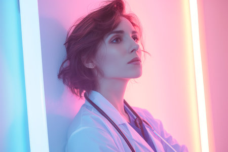 Female surgeon in the operating room. Pensive woman doctor medic looks into the distanceの素材