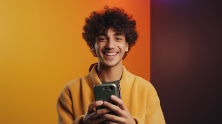Asian hipster with mobile, chatting, communication, ordering food isolated on gray background. Young smiling Indian man holding smartphone using mobile app shopping onlineの素材