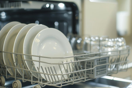 Front view of open automatic stainless fully integrated dishwasher range machine with clean utensils, cutlery, inside at modern home kitchenの素材