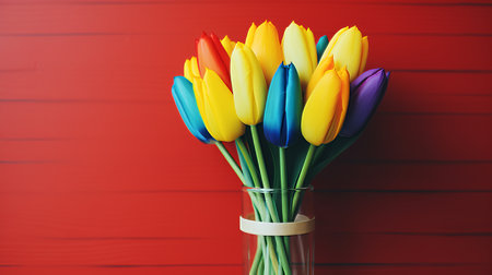 Bouquet of beautiful bright tulips in a vase on March 8の素材