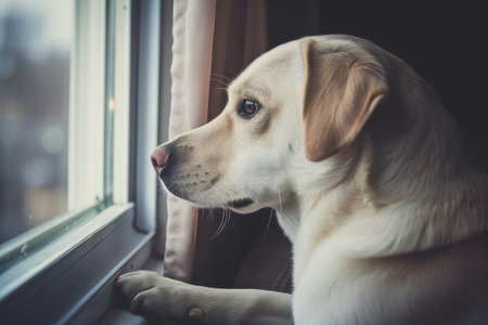 Labrador looks out the window and waits for the owner conceptの素材