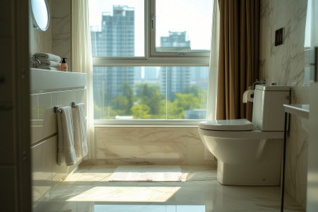 bathroom with toilet, sink and window conceptの素材