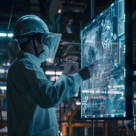Engineer in glasses looks at a digital screen or hologram display. Infographics and production diagrams of the laboratory of the futureの素材