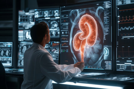 Doctor looks at the organ examination monitor, checks the test result on the virtual interface and analyzes the dataの素材