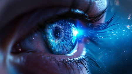 Realistic hologram of human eye and eyes close-up. Vision concept laser eye surgery treatment cataract, astigmatism, modern ophthalmologistの素材