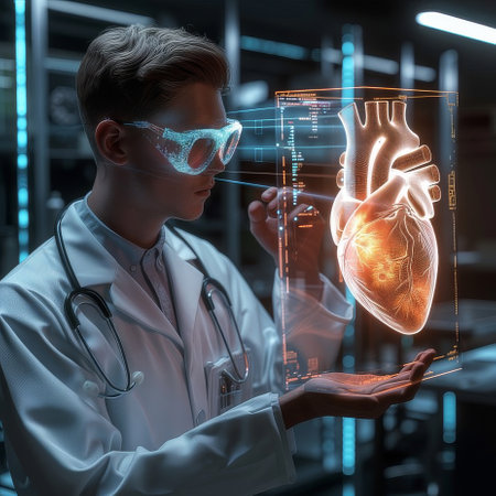 Cardiologist using digital x-ray image holographic scan of human heart and 3D rendering. Cardiology services and heart transplantationの素材