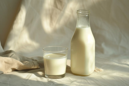 Closeup one bottle and one glass of fresh milk on the table. The benefits of milkの素材