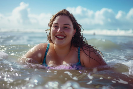 Curvy woman smiles and swims in the sea. Plus size and overweight female body conceptの素材
