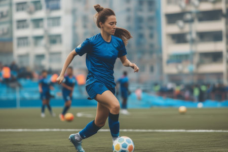 Young female soccer player kicking ball conceptの素材
