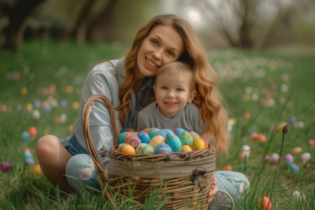 Cute family portrait of a happy mother and little son holding a wicker basket full of painted colorful eggsの素材