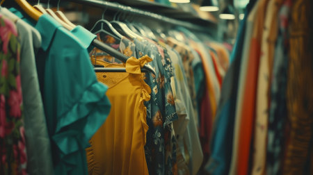 Clothing store casual clothes on hangers in the store. Textile industry and consumerism.の素材