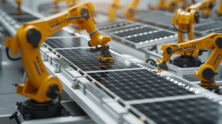 Orange industrial robotic manipulator on the production line of a modern bright factory. Solar panels are assembled on a conveyor beltの素材
