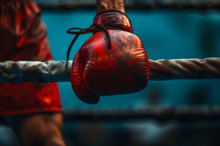 Red boxing glove and fight in the ring. Sports boxingの素材