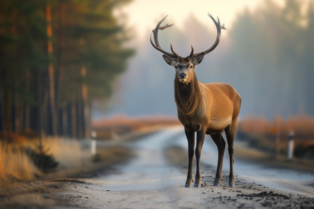 western bull elk stands on a paved road. Danger of wild animals on the roadの素材