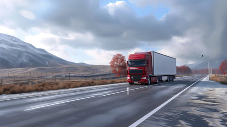 Truck with container on the highway, cargo transportation concept. Logistics delivery transportationの素材