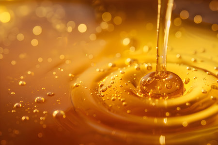 Honey closeup of honey dripping. Pouring honey on honeycomb conceptの素材