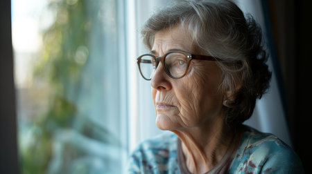 An elderly woman with gray hair and glasses gazes out the window, lost in contemplation. Her expression reflects wisdom and resilience as she ponders her life journey.の素材
