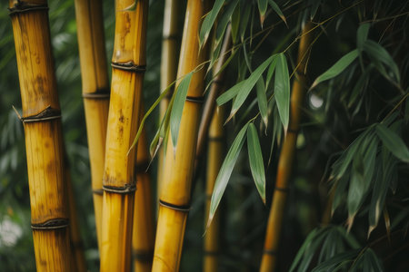 This serene image captures a tranquil forest scene featuring tall slender yellow bamboo stalks with vibrant green leaves. The lush foliage creates a peaceful ambiance in the natural setting.の素材