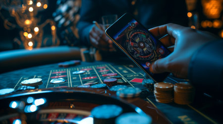 A person engrossed in a game of blackjack on a smartphone in a dimly lit room, creating a captivating scene for online gambling or casino-themed articles and designs.の素材