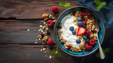 A colorful and nutritious breakfast bowl filled with fresh berries, crunchy granola, and creamy yogurt. This top-down shot showcases a delicious and wholesome start to the day.の素材