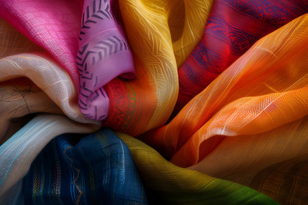 Colorful fabrics folded and creased, creating a visually captivating backdrop. Pink, blue, yellow, orange, green, purple, and white hues blend harmoniously, adding depth and dimension.の素材