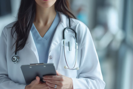 Professional female doctor or nurse in white lab coat and stethoscope in bright hospital. Holding clipboard, smiling at camera. Well-lit, focused, warm. Ideal for healthcare ads.の素材