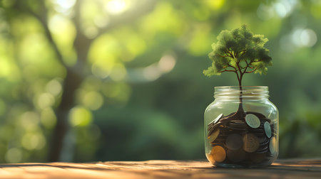 Plant growing on Coins glass jar and concept money saving coins conceptの素材