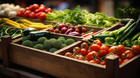 Close-up of organic vegetables in wooden crates at farmers market. Vibrant colors and textures create abundance and freshness. Slightly blurred background focuses on foreground, natural beauty.の素材