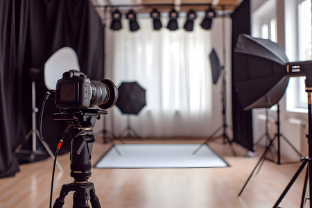 Modern photo studio with professional equipment and camera conceptの素材
