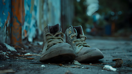 Pair of worn dark brown leather shoes with untied laces, a visible hole in the left toe area, abandoned on a dirty street. Background features a graffiti-covered building.の素材