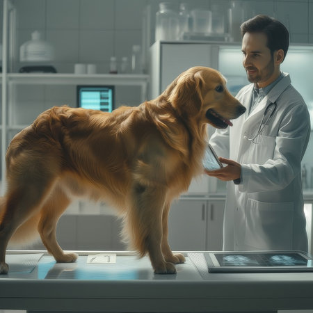 Modern veterinary clinic, a sick retriever stands on the examination table, the veterinarian assesses the health of the dog on a tablet computer using x-rays. Examination of animals in the clinicの素材