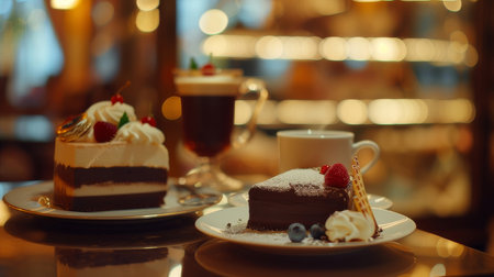 Coffee and fresh delicious desserts with berries on the table. pastries, puff pastries and pies cakes on the cafe tableの素材