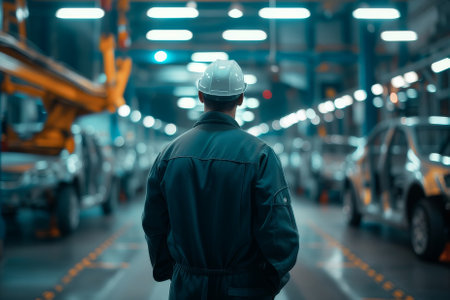 Rear view of a worker and a modern automobile factory. Assembling a car at a factoryの素材