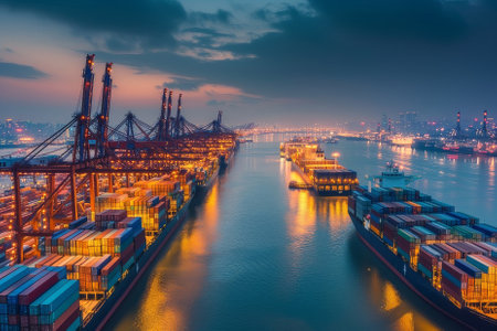 Container ship terminal at night, with multiple ships docked and loading cargo under bright lights. The scene is illuminated by the beautiful sunset, creating a captivating industrial landscape.の素材