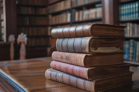 Image of old antique books on wooden table with blurred bookshelf in background. Books in shades of brown with gold lettering, dark brown table, warm atmosphere. Perfect for stock image.の素材