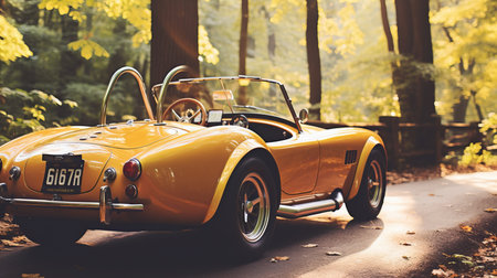 Vintage yellow convertible on the road in the forest. Yellow car convertibleの素材